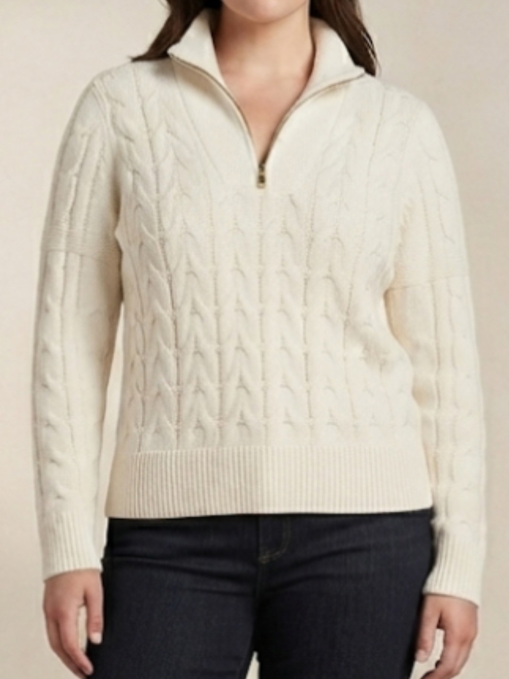 Lands' End Cream Cable-Knit Half-Zip Sweater